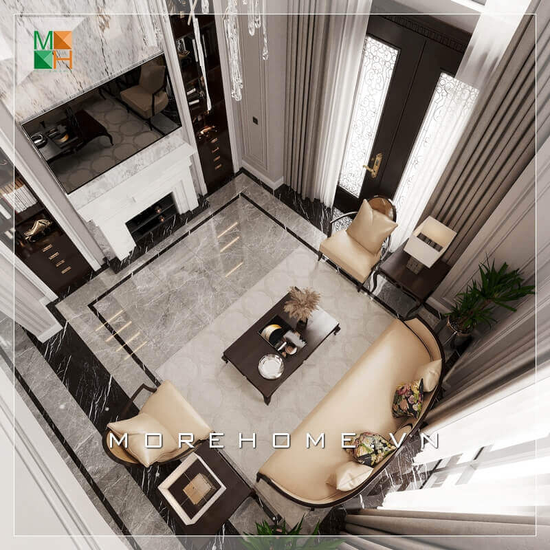 Mẫu thiết kế không gian phòng khách đẹp dành cho căn hộ cao cấp như biệt thự, penthouse, chung cư, nhà phố tân cổ điển. Thiết kế phòng khách biệt thự