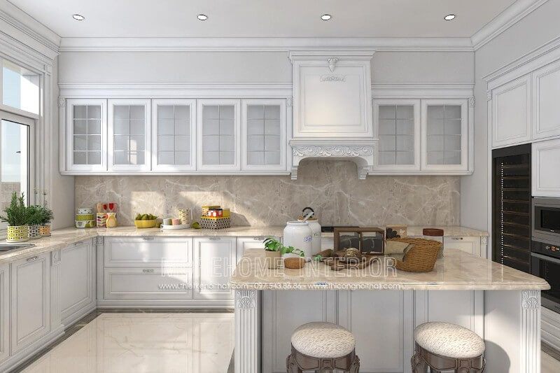 Tủ bếp được thiết kế theo phong cách cổ điển với chất liệu gỗ tự nhiên phun sơn trắng giúp tạo ra một không gian ấm cúng, gần gũi giữa các thành viên trong gia đình.