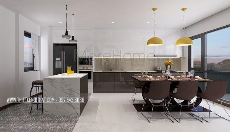 Tủ bếp đảo acrylic hiện đại được bố trí theo hình chữ L với tủ bếp và nhường chỗ cho bộ bàn ghế ăn, tạo nên sự tiện nghi, hài hòa, đẹp mắt và sang trọng.